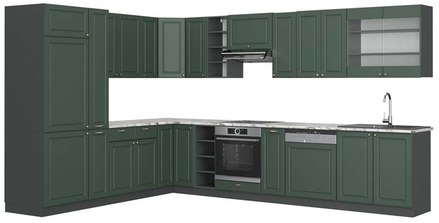 Eckküche Fame-Line Grün-Gold Landhaus/Anthrazit 347 x 60 cm , AP Marmor Vicco Bild 1