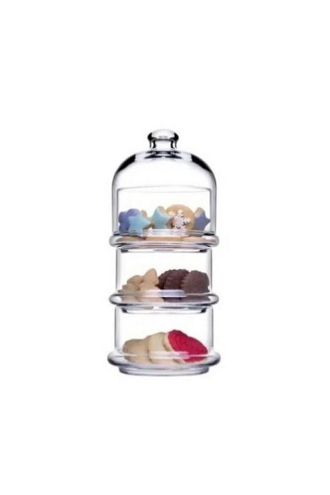 PASABAHCE Patisserie Basic Set 3 stapelbare Behälter mit Kuppel, Glas, Transparent Bild 1