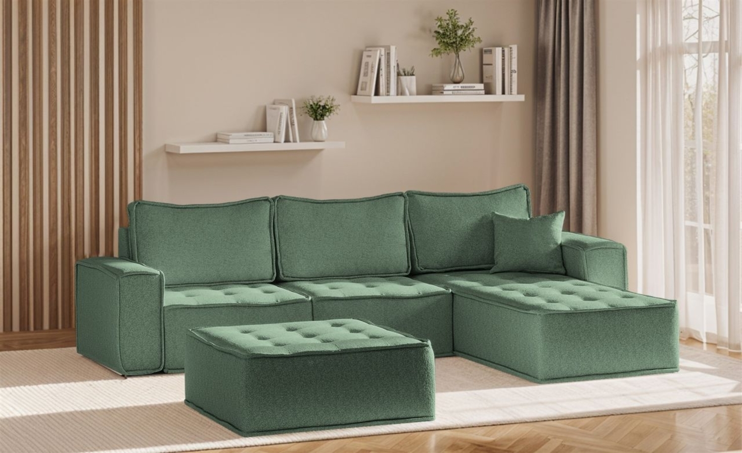 Ecksofa Modulsofa 4-teilig SANDE Stoff Raven Flaschengrün Ottomane Rechts Bild 1