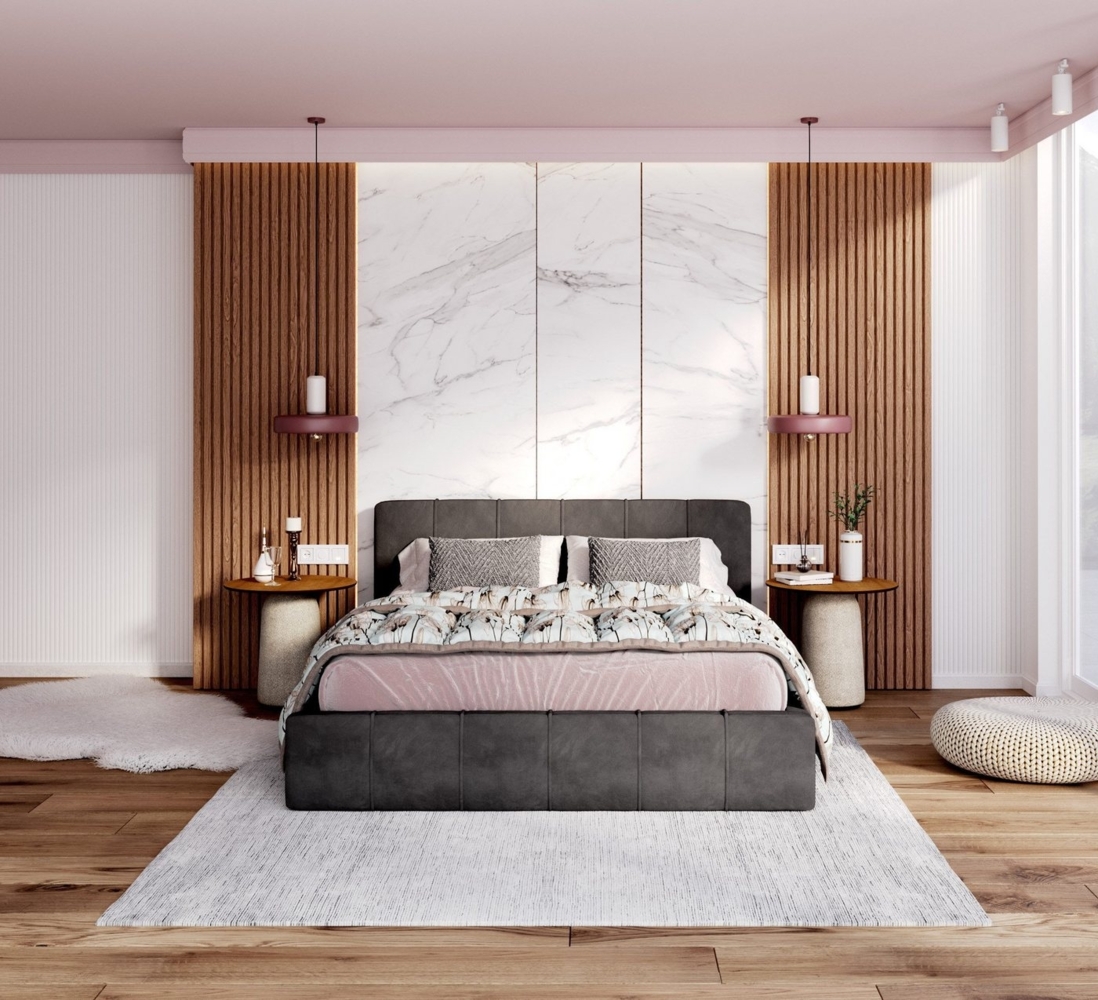 thematys Polsterbett Bett aus Velours Stauraumbett - TOPSELLER - MADE IN EU - (verfügbar 90x200 120x200 140x200 160x200 180x200cm, Bettrahmen, Bett, Optional mit Matratze bestellbar, mit großen gepolsterten Kopfteil, mit Bettkasten zum aufklappen), Met... Bild 1