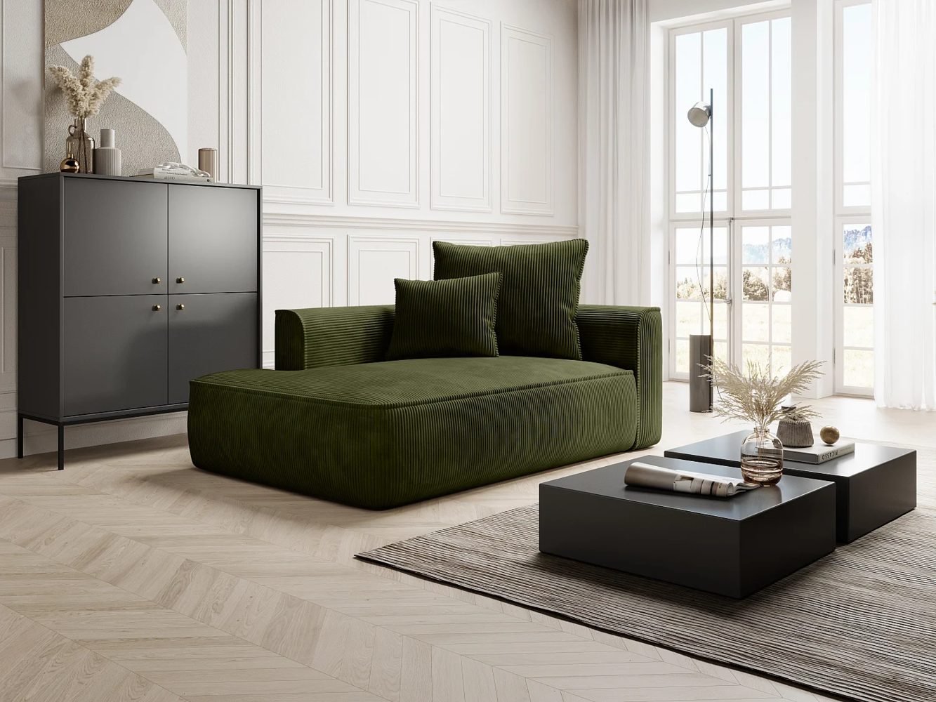 Vente-unique - Recamiere rechtsseitig - Cord - Khaki - PINETA Bild 1