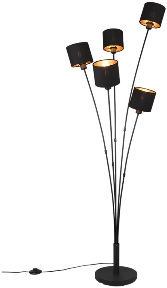 LED Stehleuchte 5 flammig Metall, Stoffschirm Schwarz Gold, Höhe 163cm Bild 1