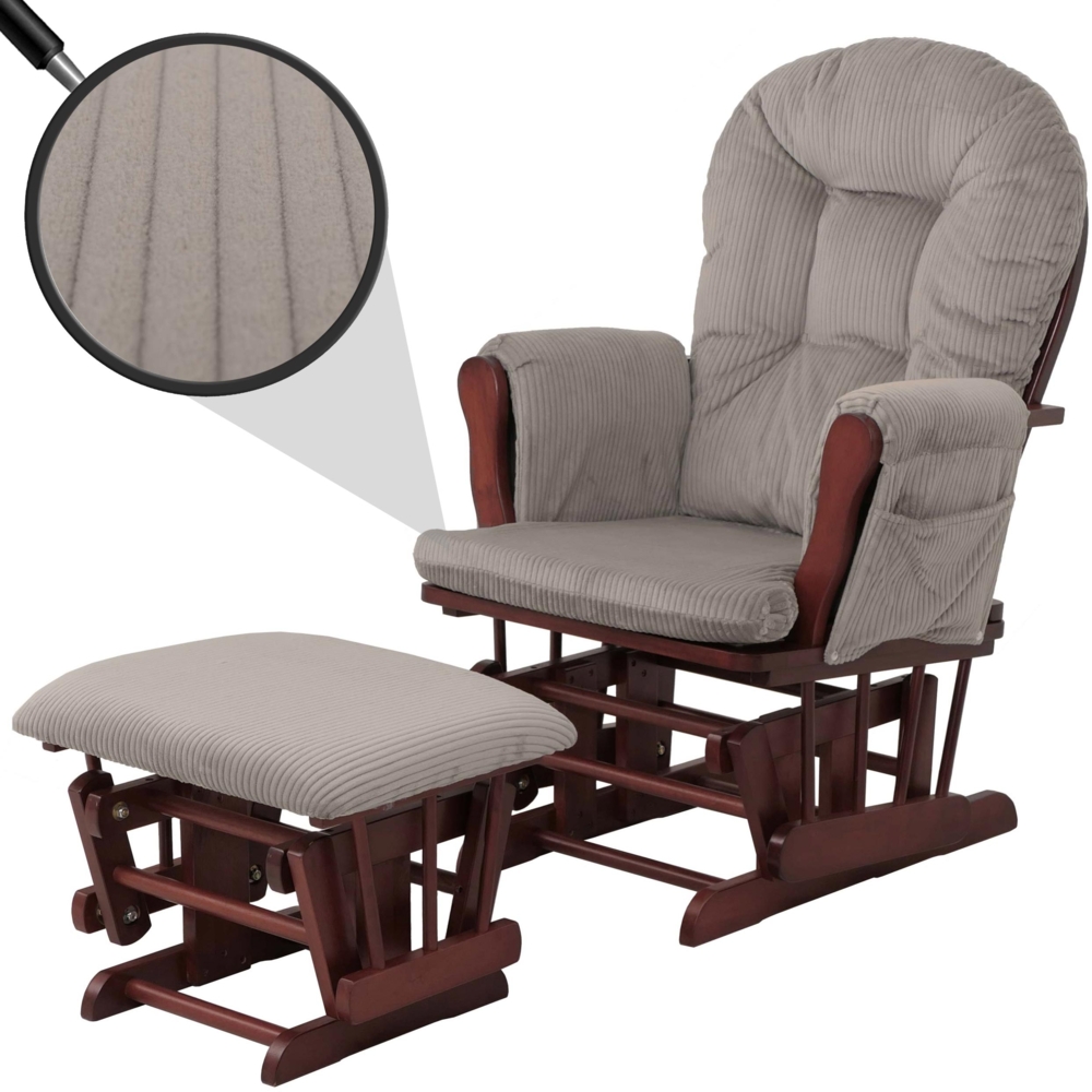Relaxsessel HWC-C76, Schaukelstuhl Sessel Schwingstuhl mit Hocker Stoff Cord 320g/m² Öko-Tex ~ hellgrau Gestell dunkel Bild 1
