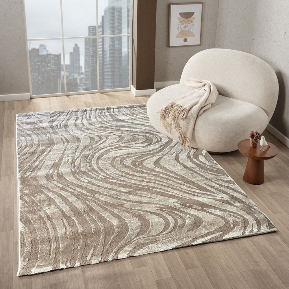 Vimoda Teppich Wellenmuster, modernerer Design, dicht & weich, Rechteckig, Höhe: 11 mm, Uni, Läufer Taupe, 3D Effekt, Wohnzimmer, Schlafzimmer Bild 1