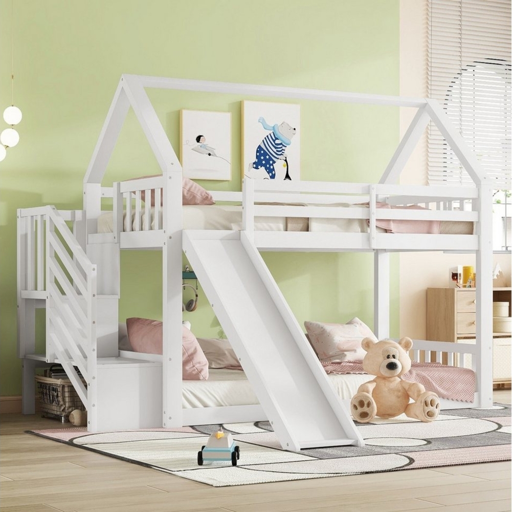 Flieks Etagenbett, Kinderbett mit Treppe & Rutsche & oberem Lattenrost 90x200 cm Bild 1