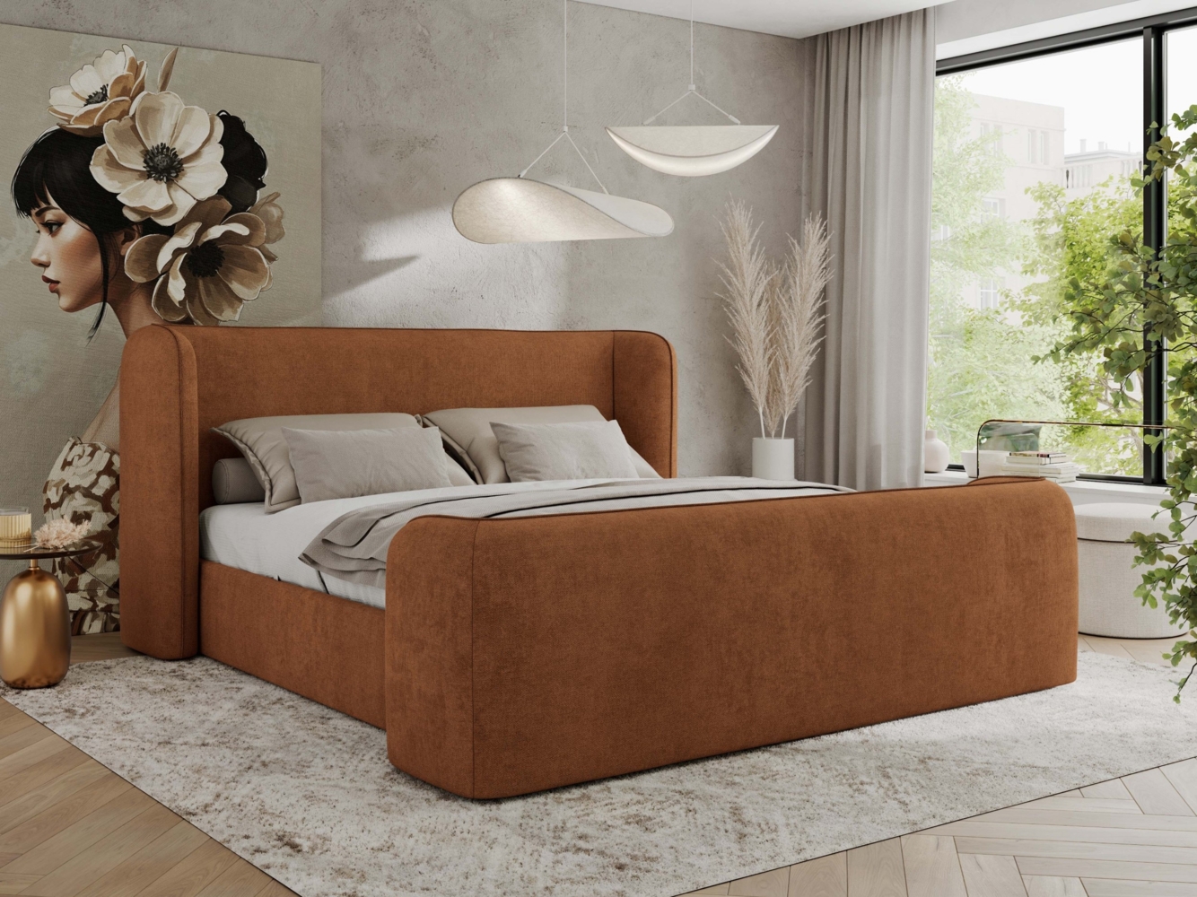 Polsterbett mit Lattenrost, Doppelbett für Schlafzimmer, Gepolstertes Kopfteil, Foam matratze, Härtegrad H2 - EMORA CLASSIC DUO - 180 x 200 cm - Orange Struktur - MIRO - LUX Bild 1