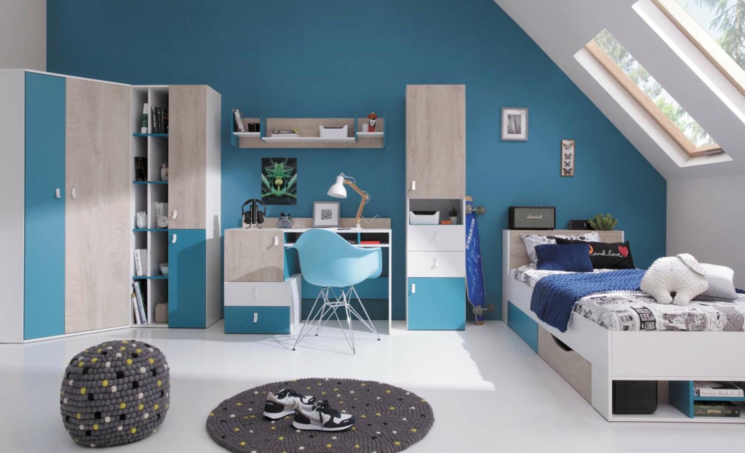 Stylefy Sirius Kinderregal Weiß Eiche Meerblau Bild 1