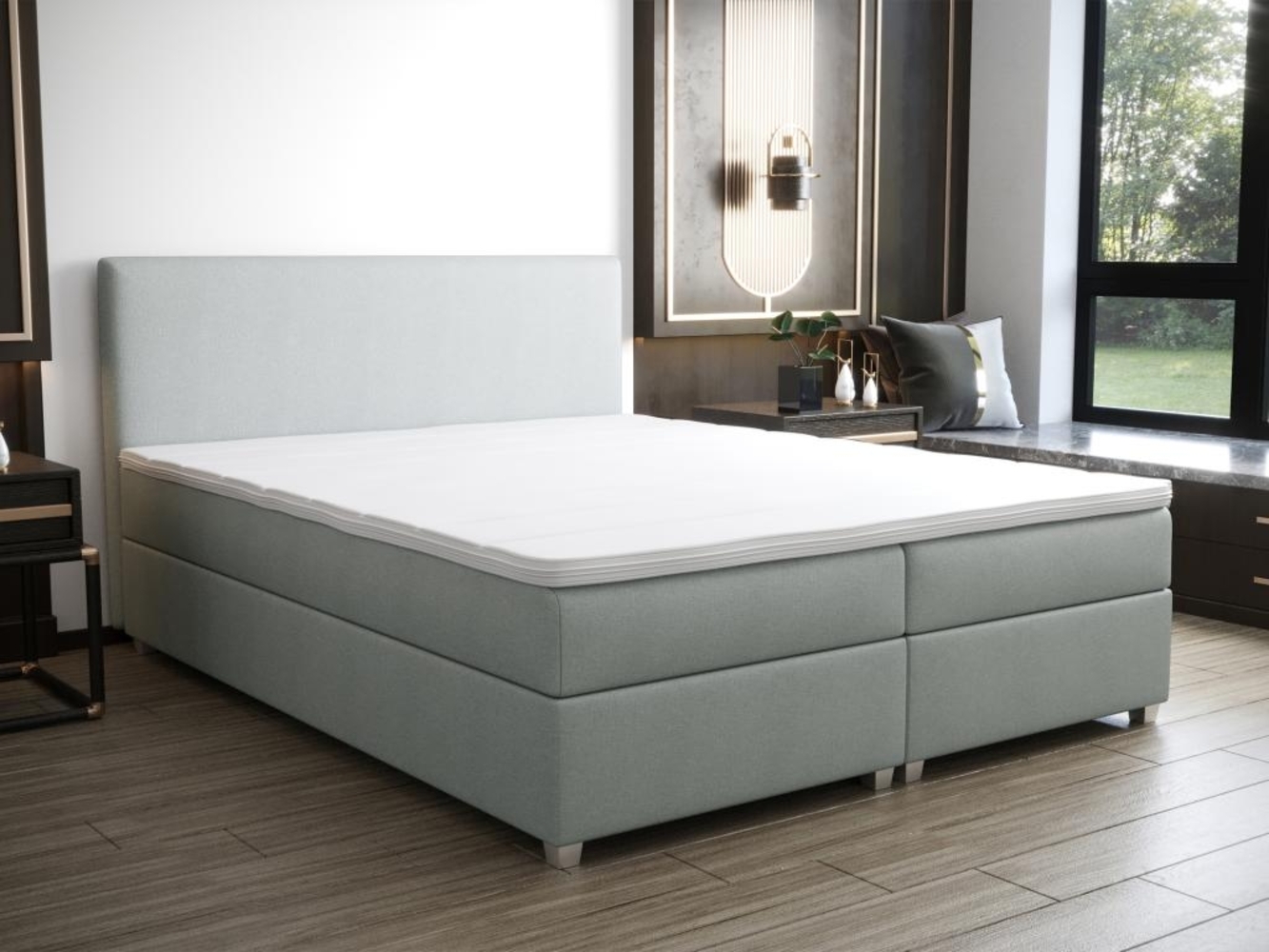 Vente-unique - Boxspringbett komplett mit Bett-Kopfteil + Lattenrost + Matratze + Topper - 160 x 200 cm - Stoff - Hellgrau - ONAN von YSMÉE Bild 1