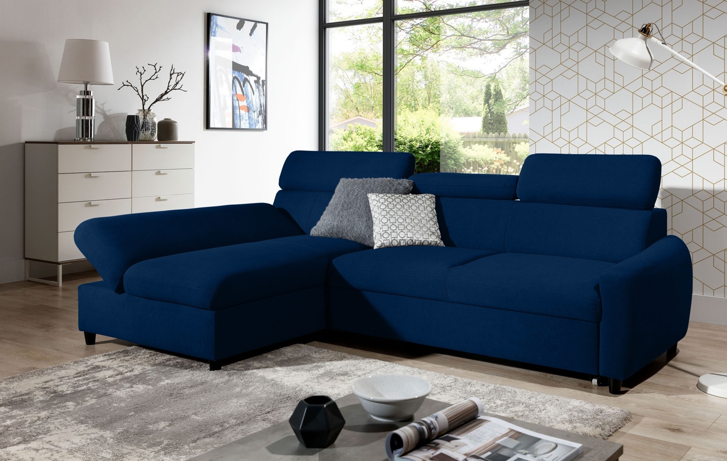 99rooms Litos Ecksofa Velours ESITO Blau Links mit Bild 1