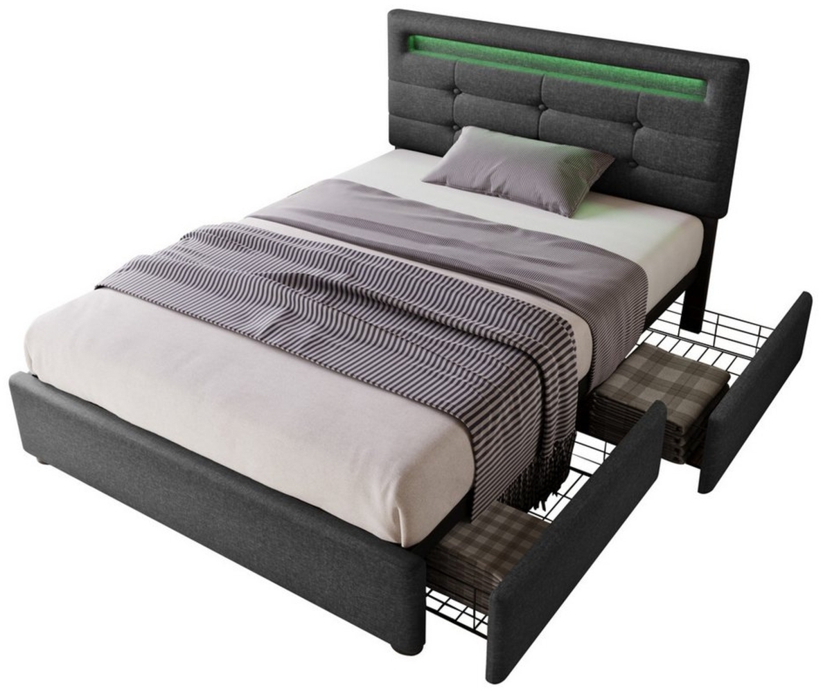 BlingBin Einzelbett Polsterbett Höhenverstellbarem Kopfteil 90/140x200cm (mit LED-Beleuchtung und 2 Schubladen), Gesamtabmessung 208x100.5x93.5-103 cm Bild 1