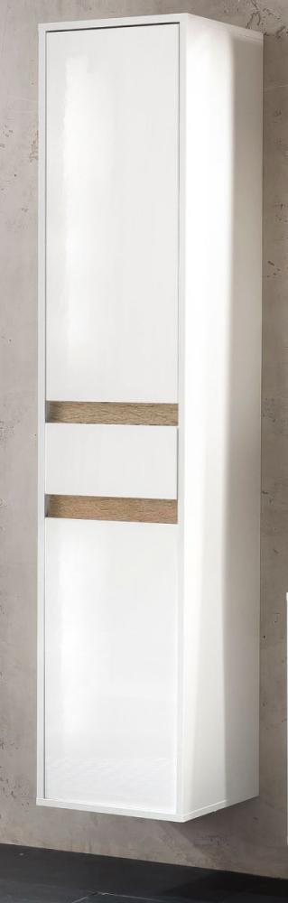 Bad Hochschrank Sol Hochglanz weiß Lack und Alteiche Hängeschrank 35x172 cm Bild 1