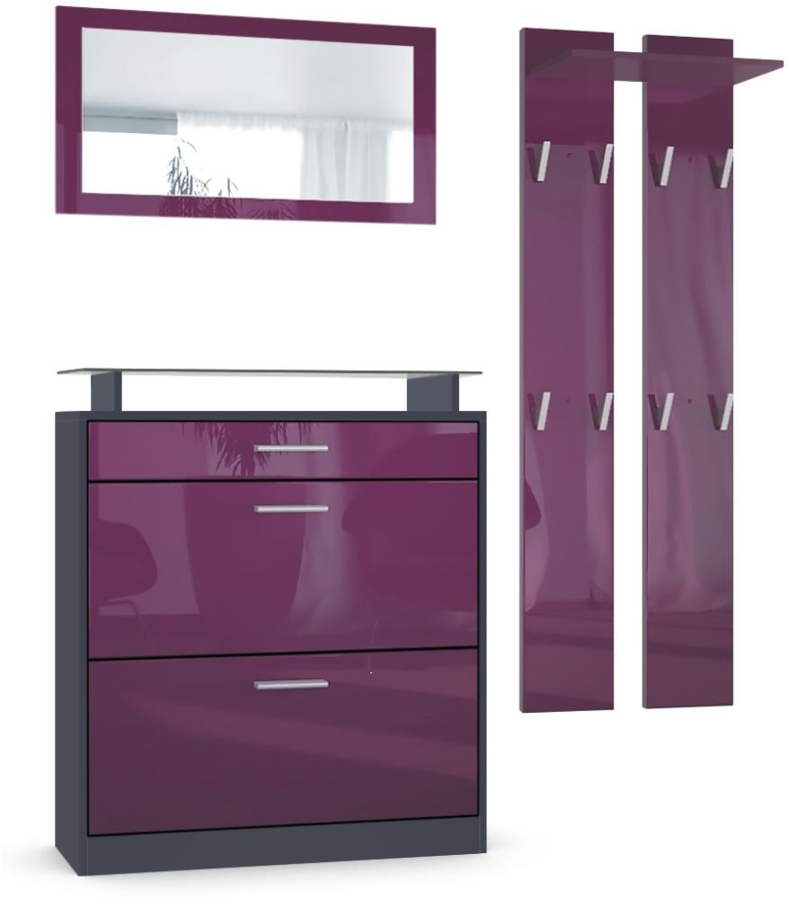 Vladon Garderoben-Set Loret Mini, Schuhschrank 89 x 104 x 23 cm für bis zu 16 Paar Schuhe inkl. Spiegel, 2 Wandpaneele , Anthrazit matt & Brombeer Hochglanz Bild 1