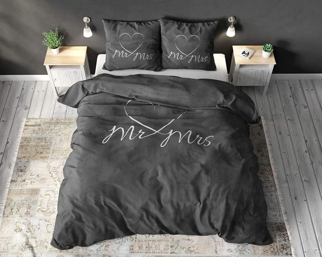 Sleeptime Partner Bettwäsche Mr. und Mrs. 200cm x 220cm 3teilig grau - weich & bügelfrei Bettbezüge mit Druckknöpfe - graue Bettwäsche Set aus 100% Baumwolle - 2X Kissenbezug 60x70cm Bild 1