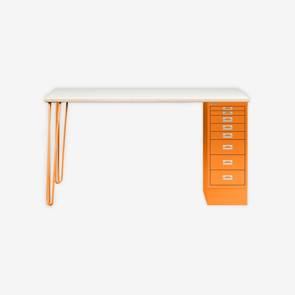 MultiDesk, 2 Stahlfüße, 1 MultiDrawer mit 8 Schüben, Dekor Plywood, Farbe Orange, Maße: H 740 x B 1400 x T 600 mm Bild 1