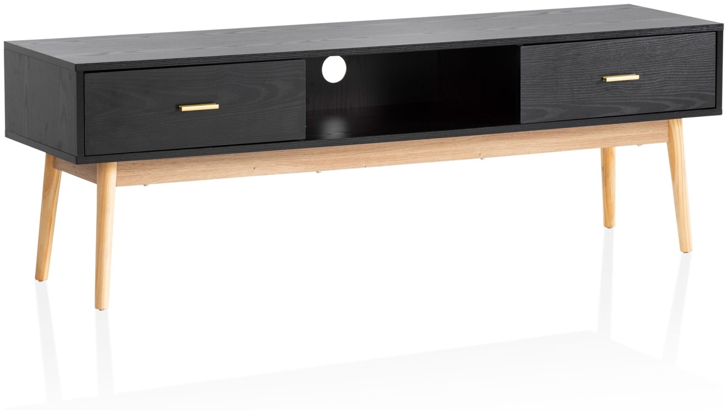 Lowboard Schwarz mit Eiche-Dekor 150 x 50 x 40 cm TV-Kommode Modern, Design TV-Schrank Hoch, Fernsehtisch Fernsehschrank mit Schubladen & Ablagefach, Fernsehkommode Wohnzimmer Bild 1