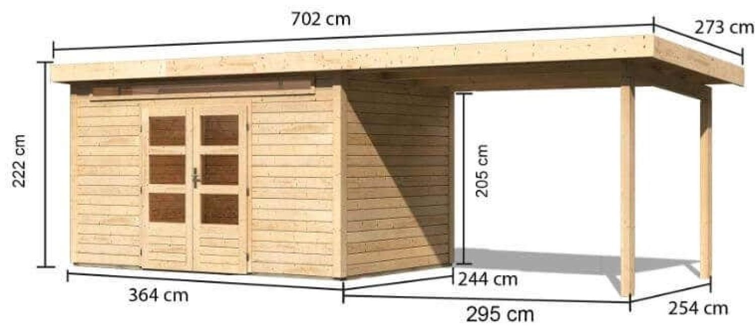 Gartenhaus Kandern 7 - 364x244 cm inkl. Anbaudach 3,20m, 28 mm Holz naturbelassen, Karibu Bild 1