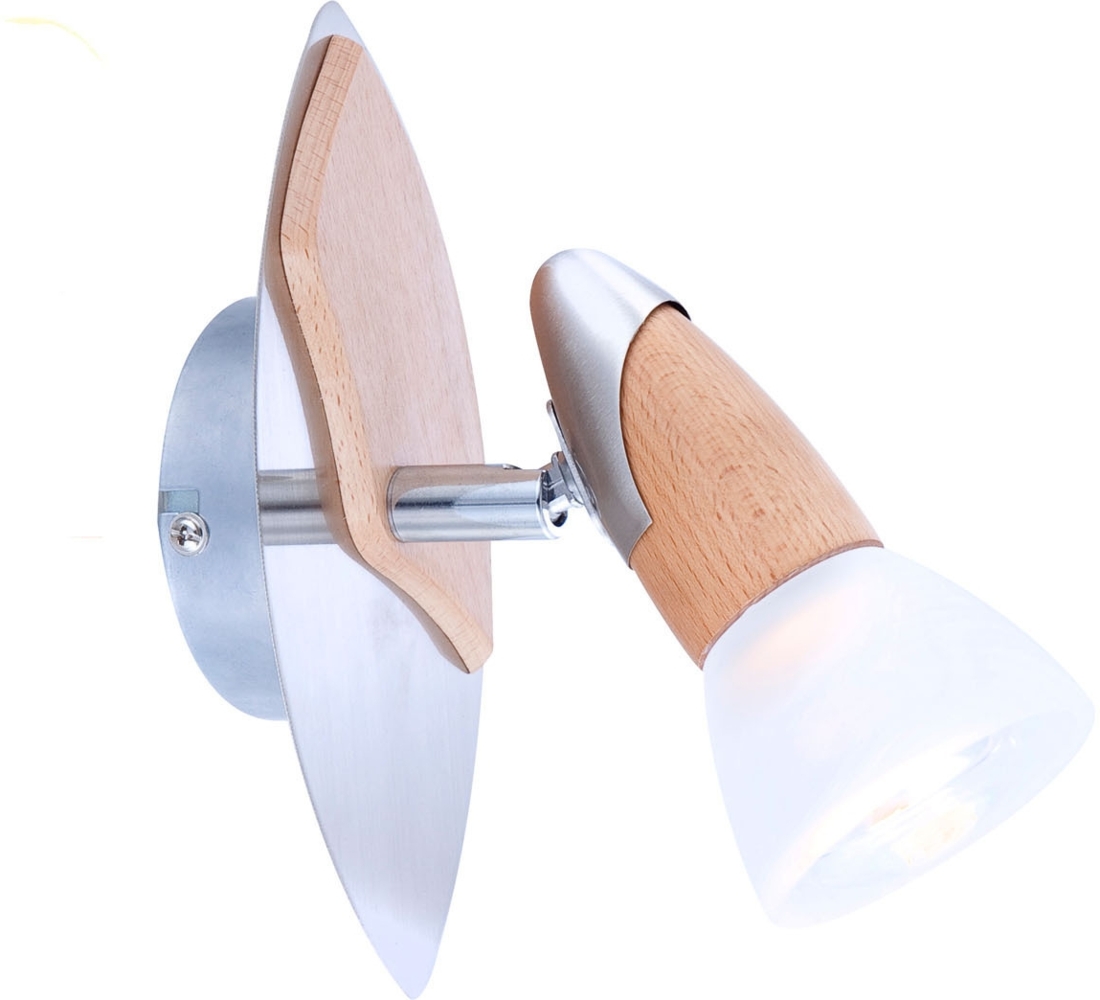 LED Wandstrahler Silber matt mit Holz, Glasschirm satiniert, Breite 9,5cm Bild 1