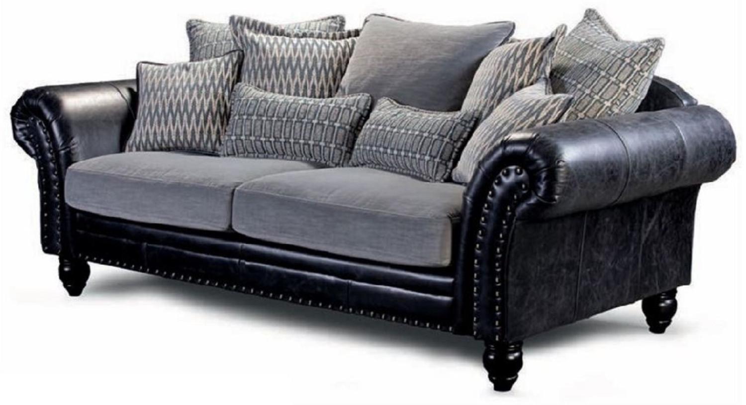 Casa Padrino Luxus Echtleder 3er Sofa Vintage Schwarz / Grau 230 cm Bild 1