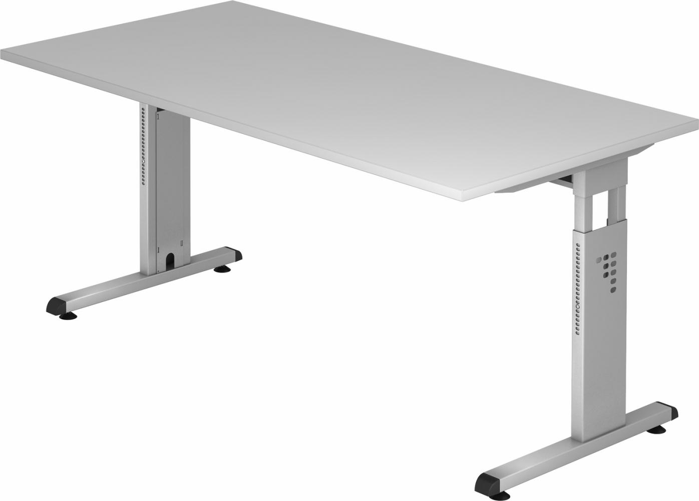 bümö höhenverstellbarer Schreibtisch O-Serie 160x80 cm in grau, Gestell in Silber - PC Tisch für's Büro manuell höhenverstellbar, Computertisch verstellbar, OS-16-5-S Bild 1