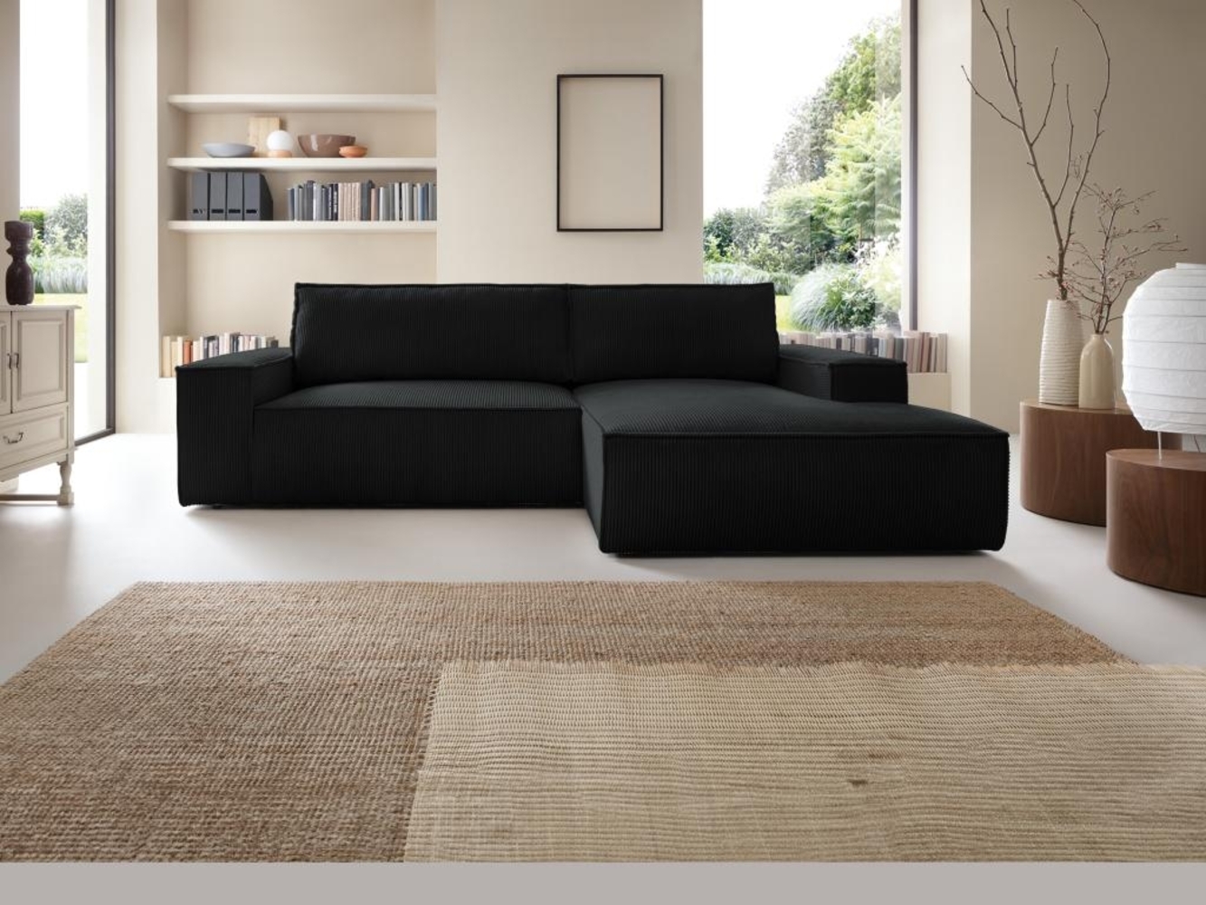 Vente-unique - Ecksofa mit Schlaffunktion - Ecke rechts - Cord - Schwarz - AMELIA Bild 1