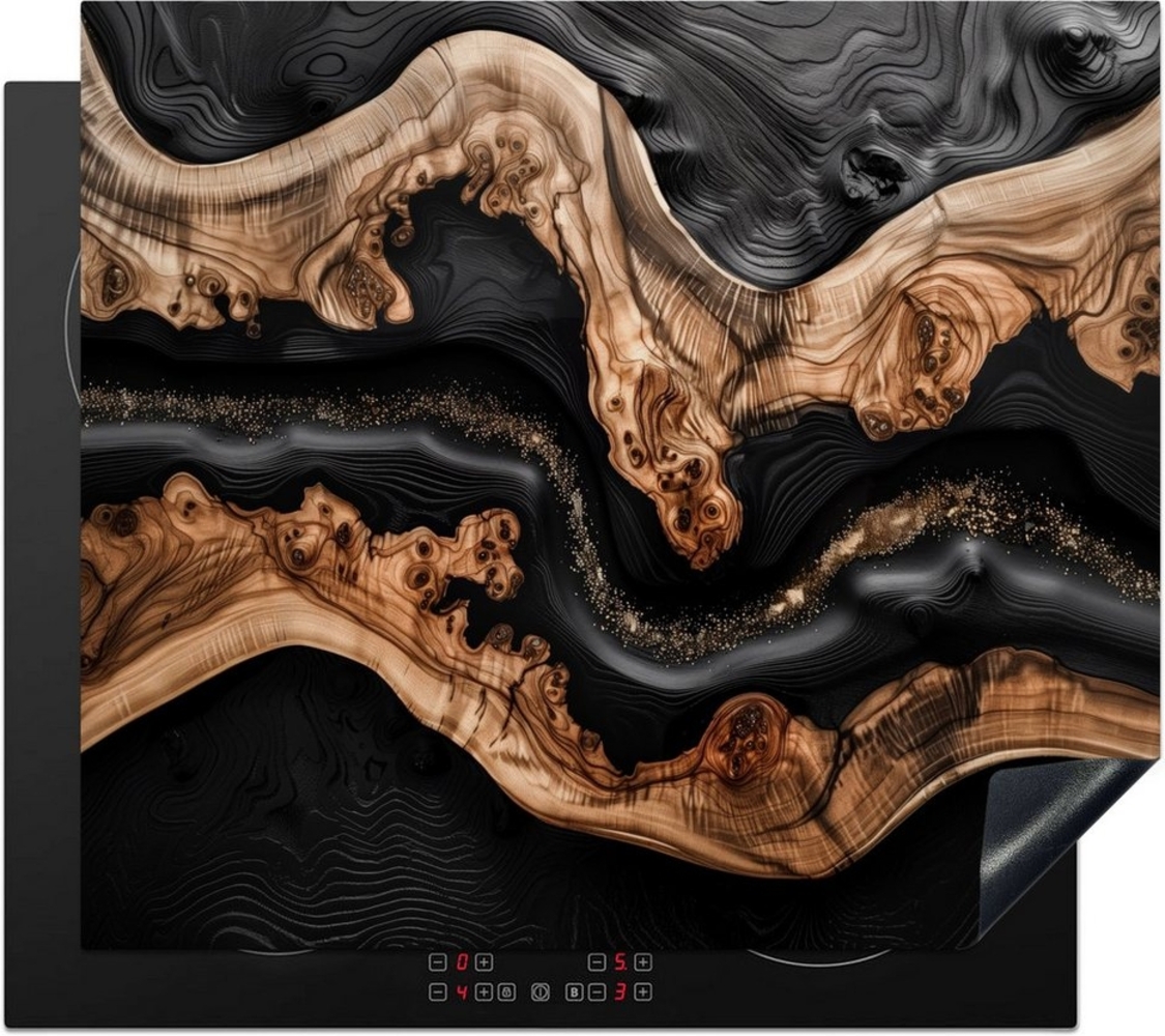 MuchoWow Herd-Abdeckplatte Schwarz - Braun - Holzmotiv, Vinyl, (1 tlg), Küche Herdabdeckung Ceranfeld Induktionsfeld Vinyl, 60x60 cm Bild 1