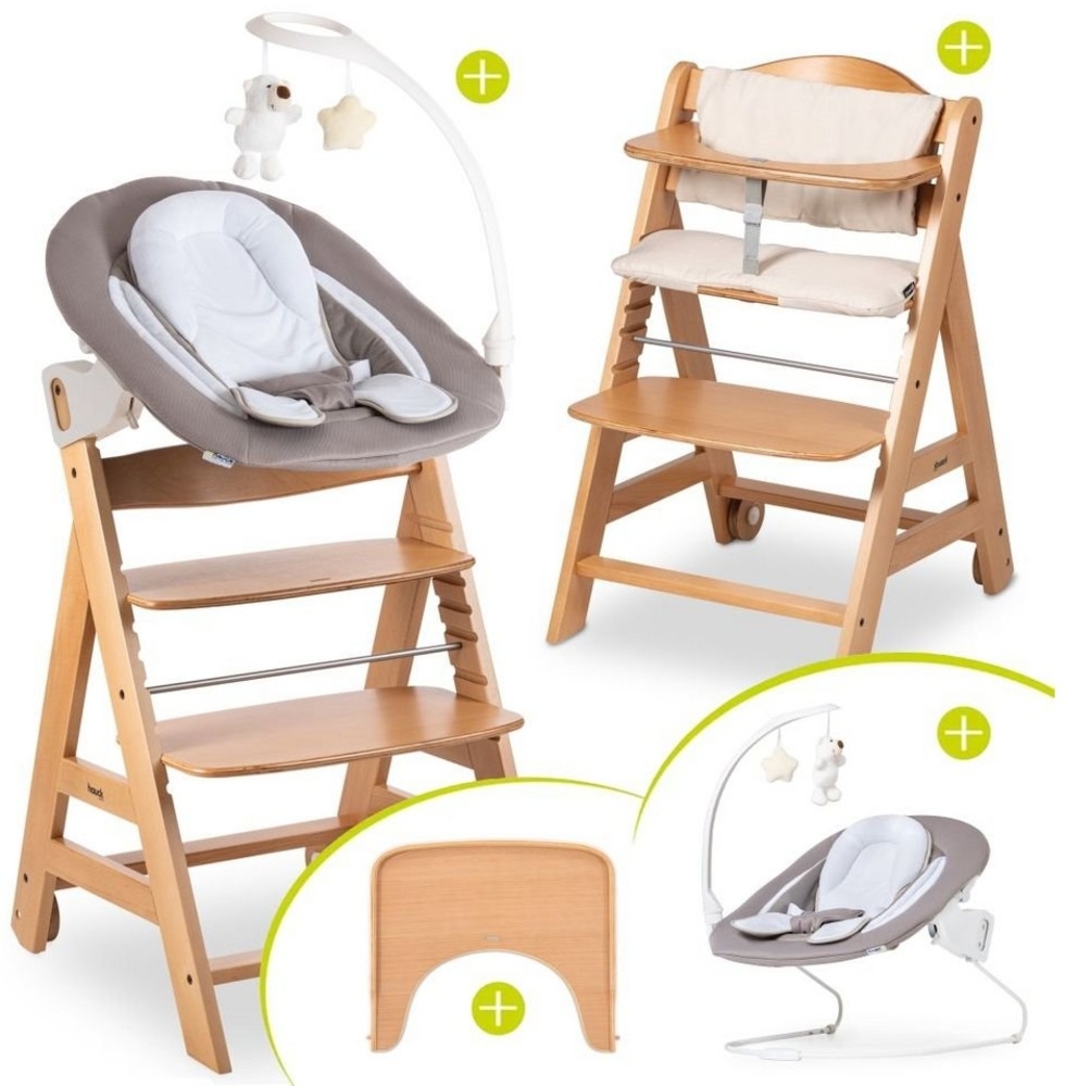 Hauck Hochstuhl Beta Plus Natur - Newborn Set Deluxe, Holz Babystuhl ab Geburt, Aufsatz für Neugeborene, Sitzkissen, Tisch Bild 1