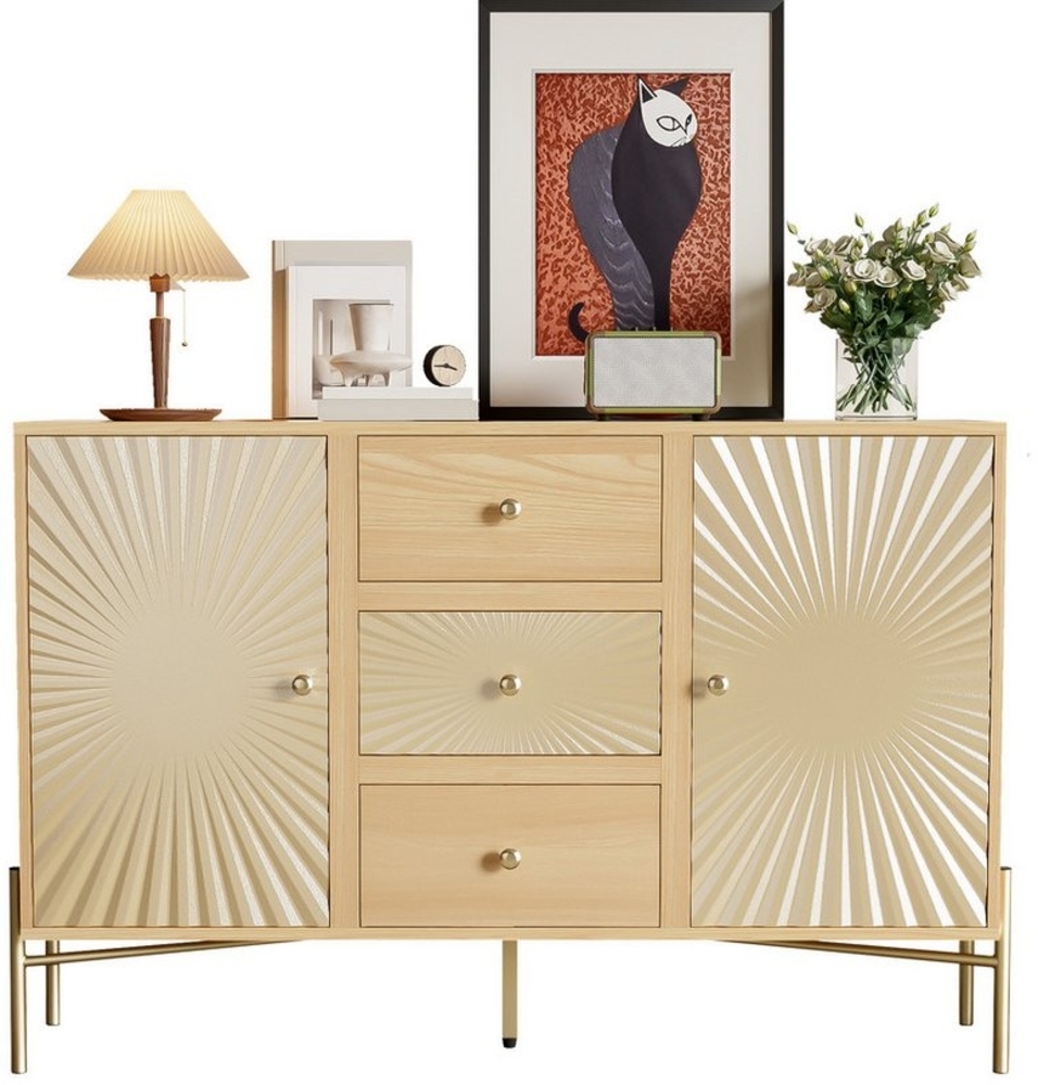 BlingBin Sideboard Hoher Schrank Kommode (1 St, Hoher Schrank 123,5 cm – 2 Türen, 3 Schubladen), einzigartigem Sonnstrahlen-Design Bild 1