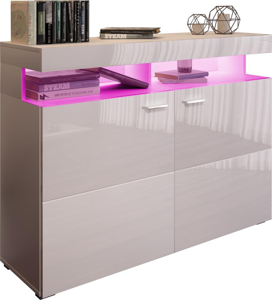 Domando Sideboard Mondello M1 Modern für Wohnzimmer Breite 120cm, Hochglanz, RGB LED Beleuchtung mit wechselbarer Farbe in Weiß Matt und Weiß Hochglanz Bild 1