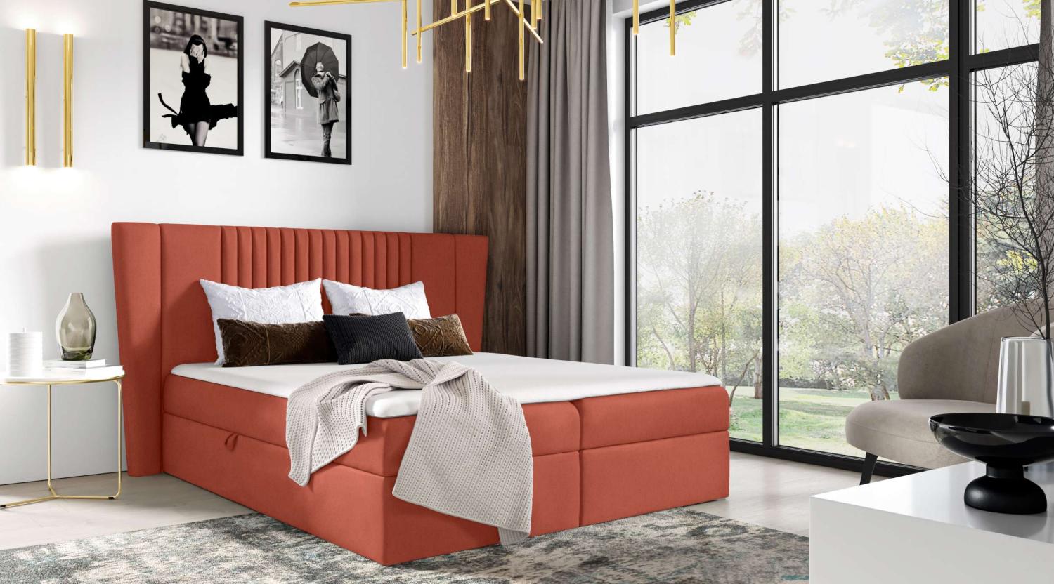 99rooms Orlando Boxspringbett 180x200 cm Velours MONOLITH Korallenrot Bild 1