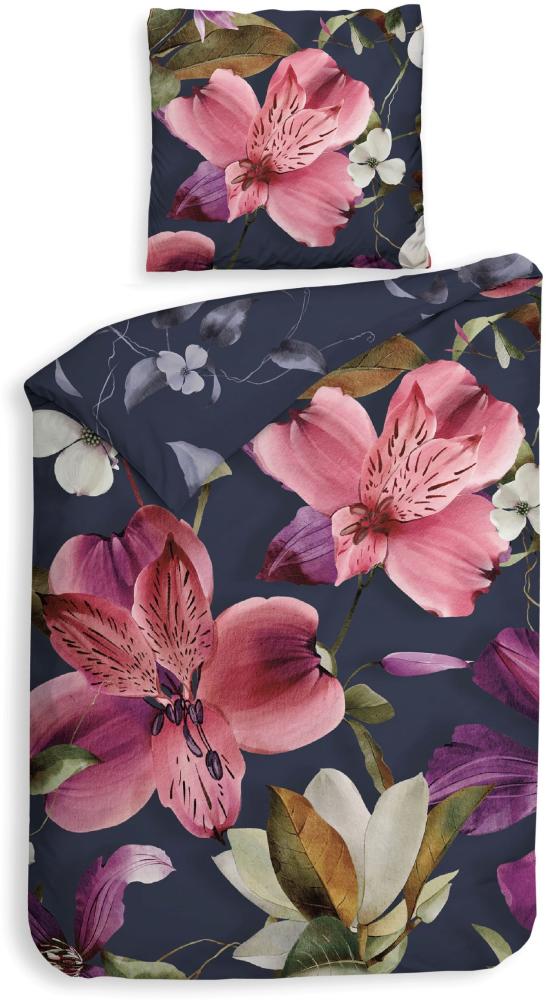 Heckett & Lane Satin Bettwäsche 155x220 Tropici Navy blue Blüten Lilien pink vanille Bild 1