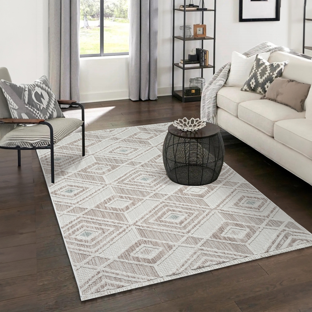 Teppich Wohnzimmer - 160x230cm - Beige Grün - Boho-Style mit Fransen - Rauten Muster - Flachflor Wohnteppich Schlafzimmer Deko Bild 1