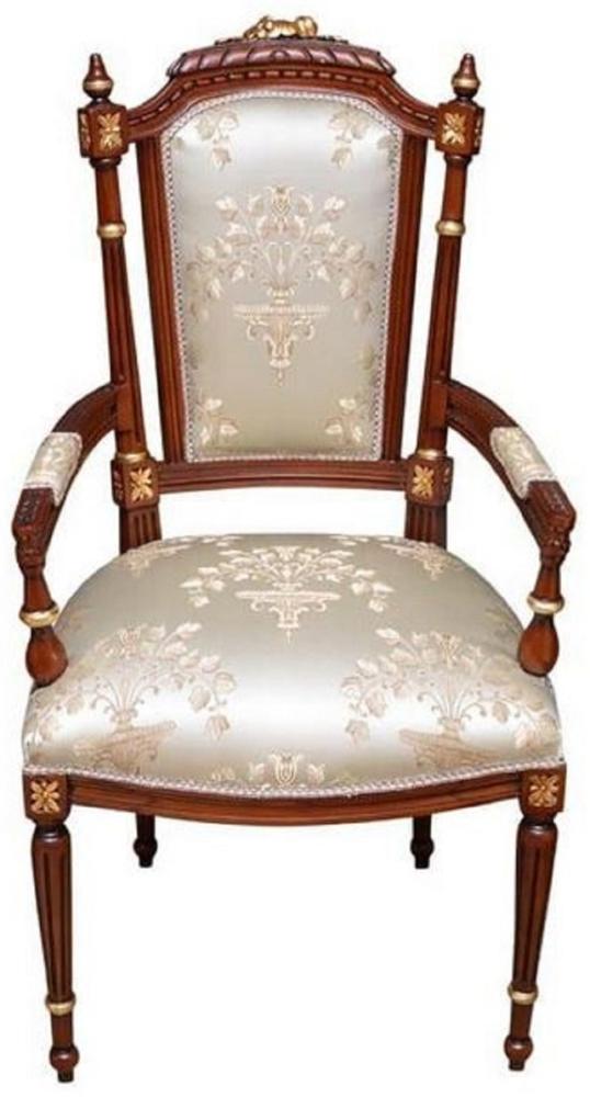 Casa Padrino Barock Esszimmerstuhl Cremefarben / Braun / Gold - Handgefertigter Antik Stil Stuhl mit Armlehnen - Esszimmer Möbel im Barockstil Bild 1