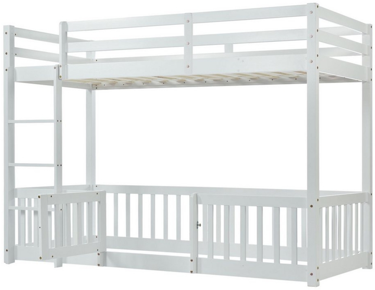 KLAM HOME Kinderbett Kiefer Massivbett Etagenbett mit Treppe (Set, Hausbett 90x200 mit Rausfallschutz und Lattenrost), Etagenbett Holzbett Bettgestell für Kinder Mädchen Jungen bis zu 100kg Bild 1