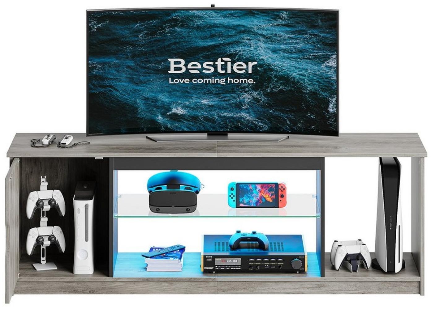 Bestier Lowboard TV-Schrank, Fernsehschrank mit RGB-LED (Breite 148cm mit 2 offenen Fächern und 1 Tür), Fernsehtisch mit verstellbaren Glasböden für Wohnzimmer, Schlafzimmer Bild 1