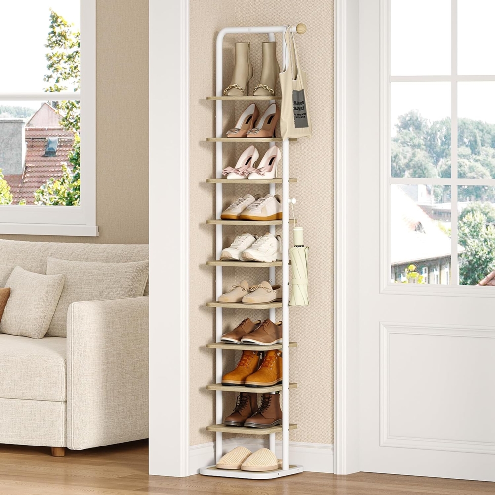 Schuhregal, 10-Stockige Schuhablage Schmal, Vertikales Schuhregal, Verstellbar Ablage, für Eingangsbereich Wohnzimmer Schlafzimmer Flur, Weißeiche und Weiß Bild 1