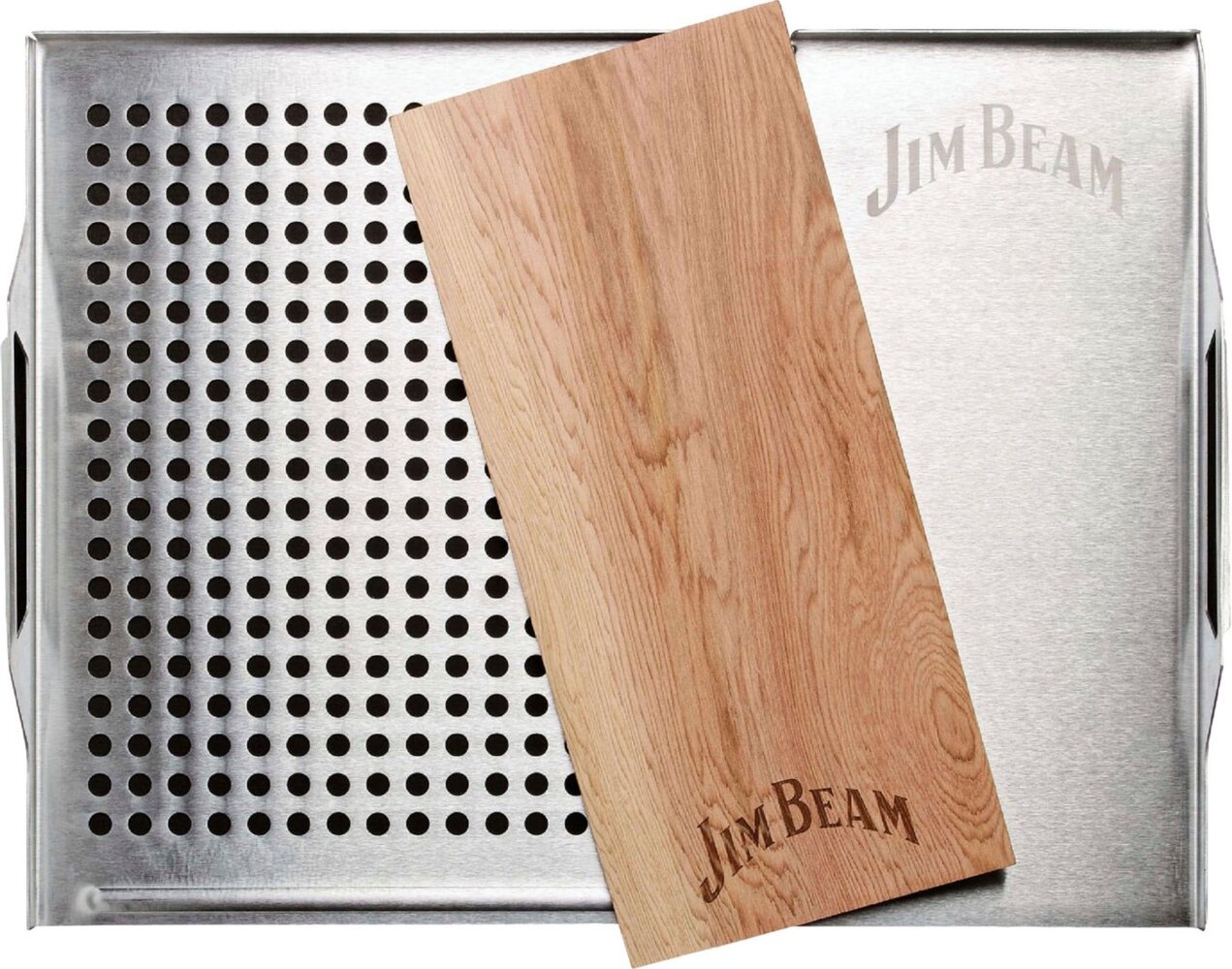 Jim Beam BBQ Grillerweiterung Edelstahl-Platte (Set), 59x30 cm, mit Zedernholz Räucherbrett für Grillgut, Fisch, Gemüse Bild 1