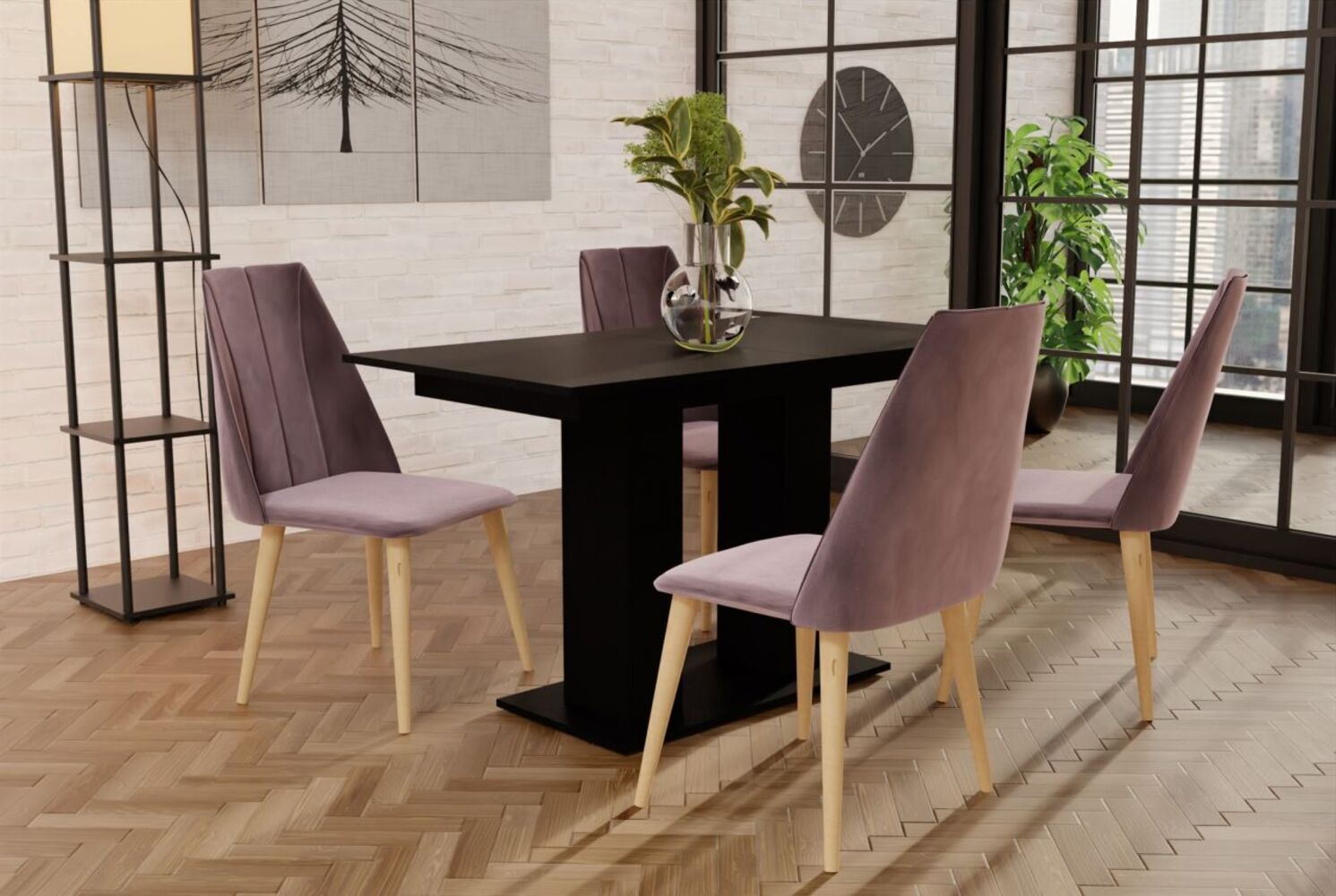 Essgruppe Schwarz matt-Tisch mit 4 Flieder CAROS Stühlen für Esszimmer, Küche Bild 1