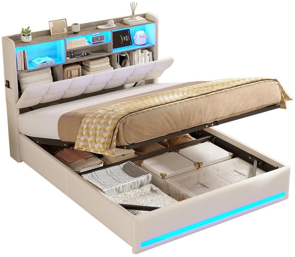 MSMASK Polsterbett Hydraulisches Stauraumbett mit LED-Bleuchtung, 90X200 cm (1-tlg, Ohne Matratze), Jugendbett mit USB- und Type-C-Anschlüsse, Leinenstoff Bild 1