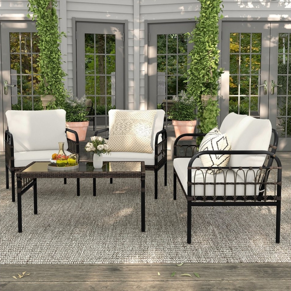 COSTWAY Balkonset, 4 tlg. aus Rattan, mit Kissen, für 4 Personen Bild 1