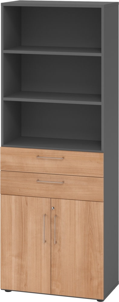 bümö Aktenregal & Schrank abschließbar, Büroschrank Regal & Schubladen Kombination Holz 80cm breit in Graphit/Buche - Schrank für's Büro & Arbeitszimmer, Büro Möbel Ordnerschrank, 968K2-G-N-BS Bild 1