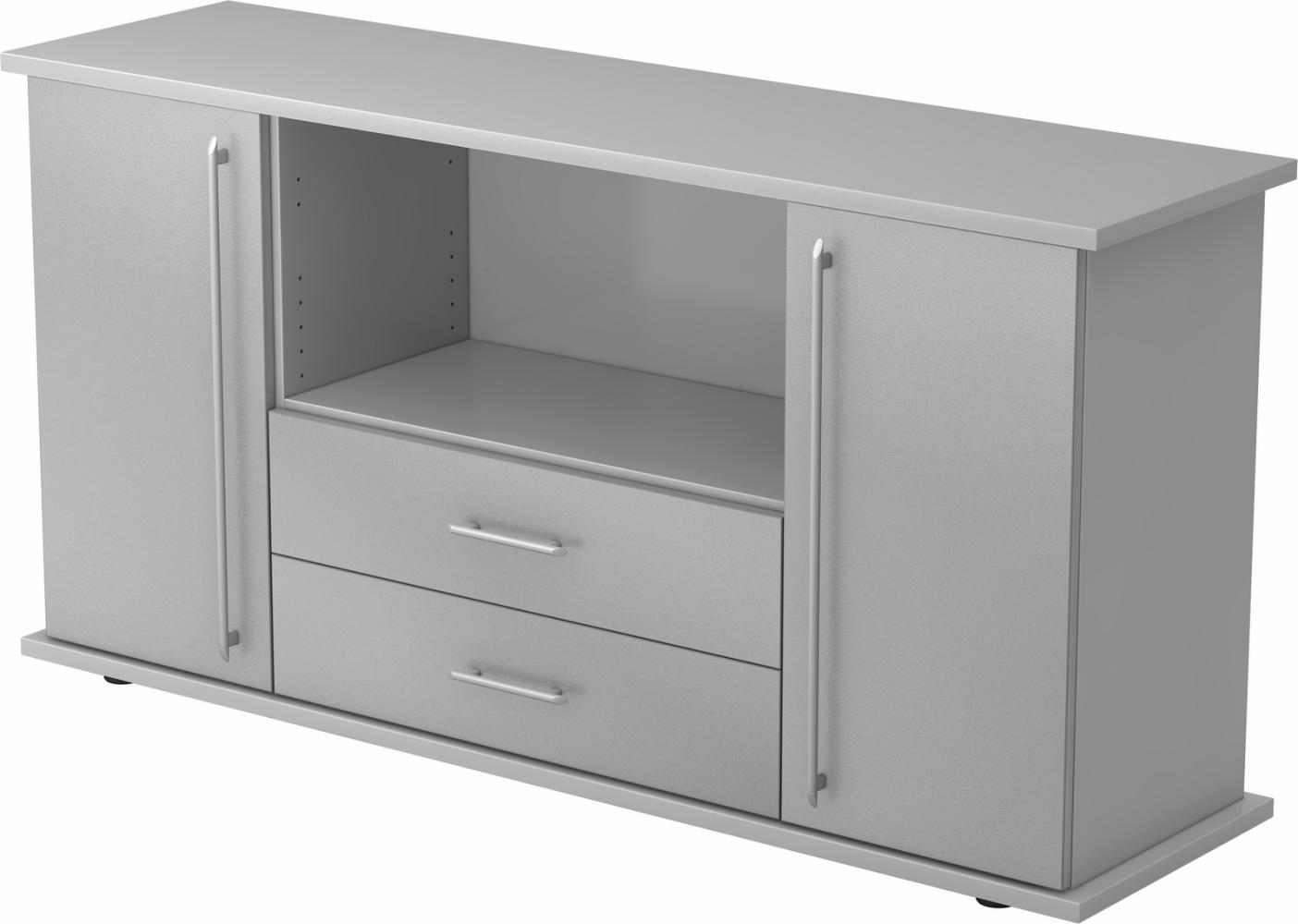 bümö Sideboard Grau/Silber mit Flügeltüren & Regal - Büromöbel Sideboard mit Schubladen Holz 166cm breit, 45cm schmal, Büro Schrank für Flur oder als Wohnzimmer-Kommode mit Relinggriff, SBTS-5-S-RE Bild 1