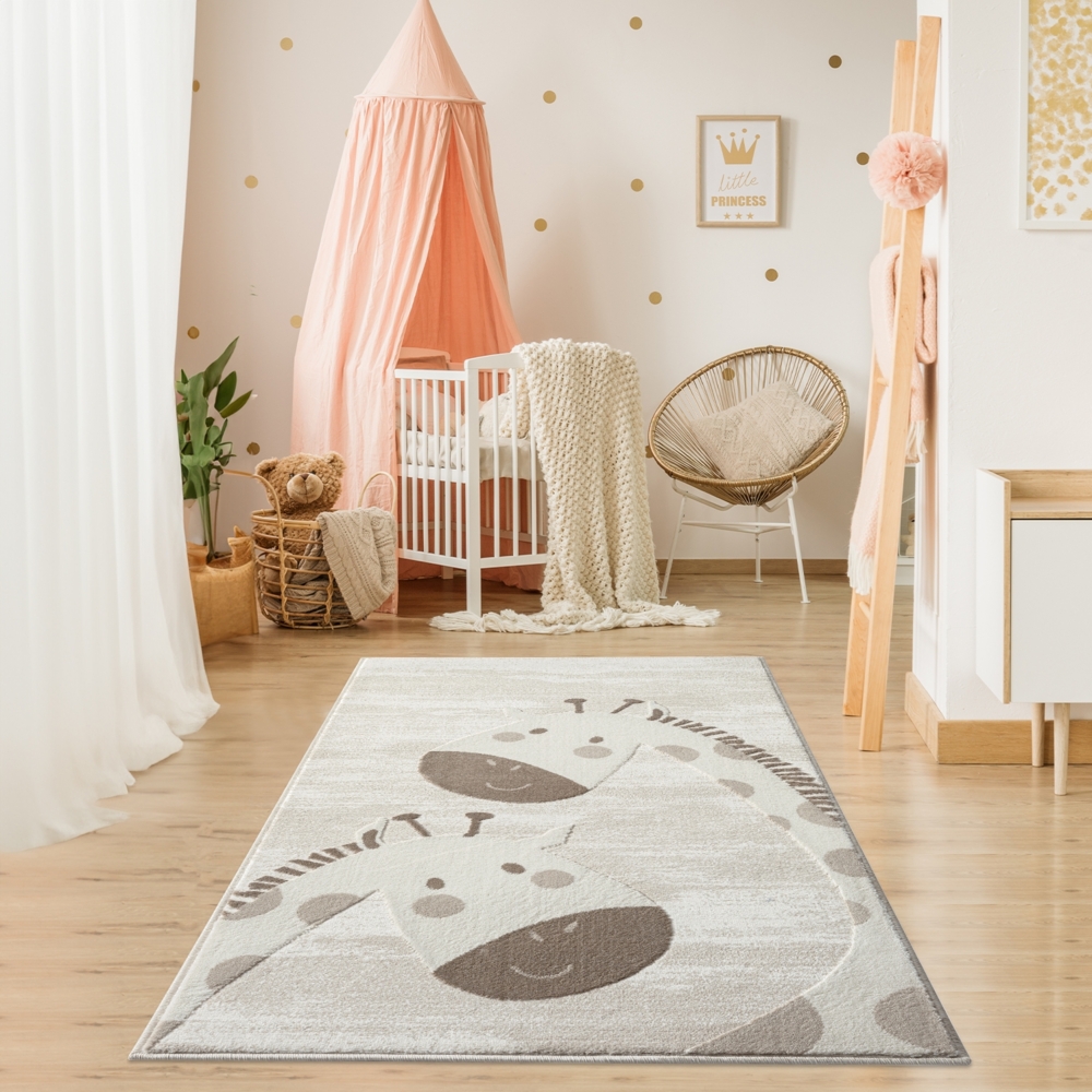 Teppich Kinderzimmer Läufer - 80x150cm - Pastell Beige Creme - Kurzflor Spielteppich mit niedlichen Giraffen Motiv Bild 1