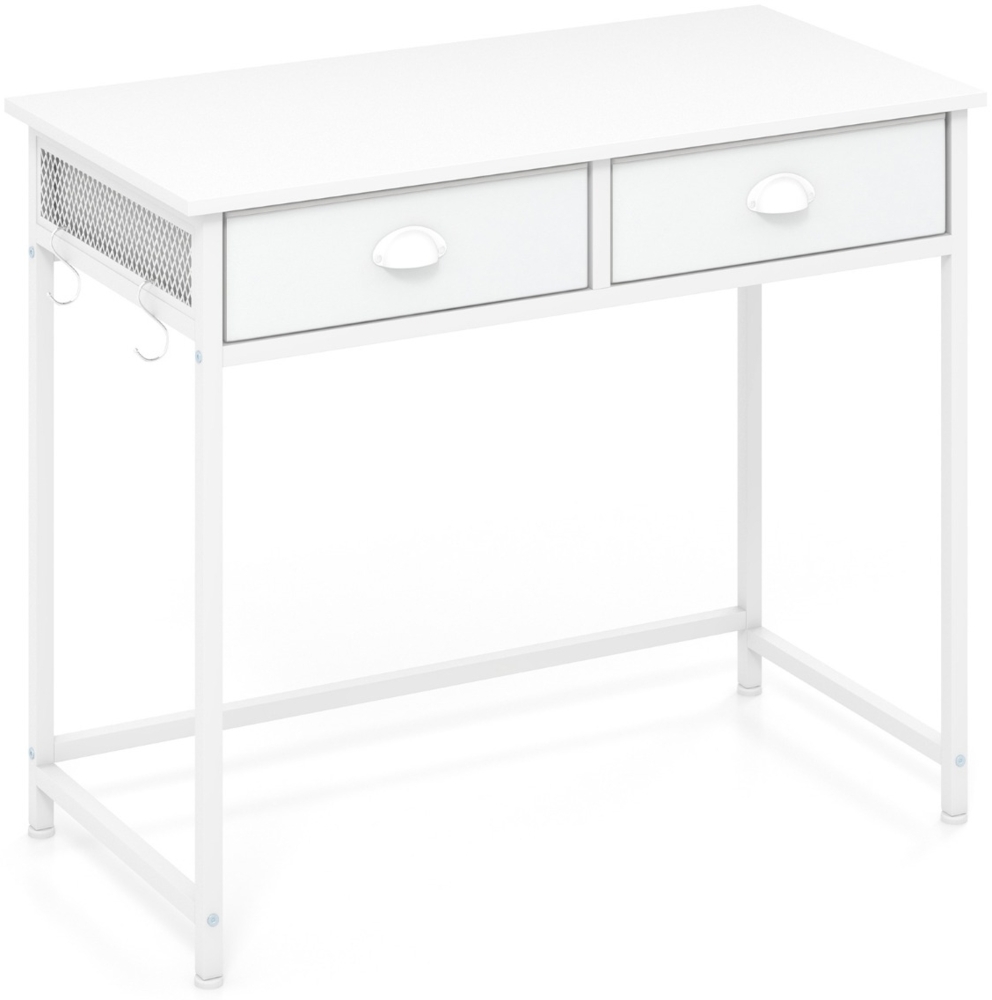 Kleiner Schreibtisch Computertisch mit 2 Stoffschublade 4 Haken & Metallrahmen Bürotisch aus Holz modern Weiß Bild 1
