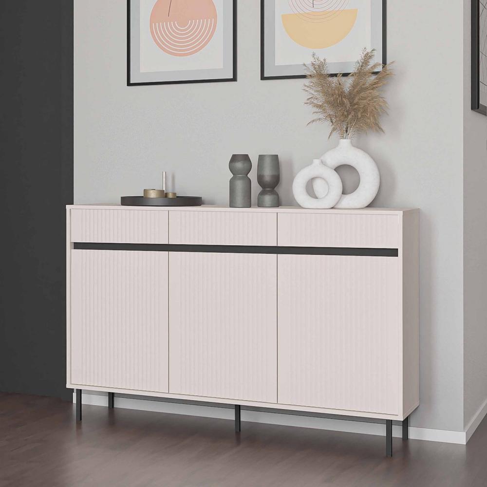 Furnix Sideboard Kersi 833 Kombi-Kommode mit drei Türen 3 Schubladen Beige o. Braun, Lamellen-Design Bild 1