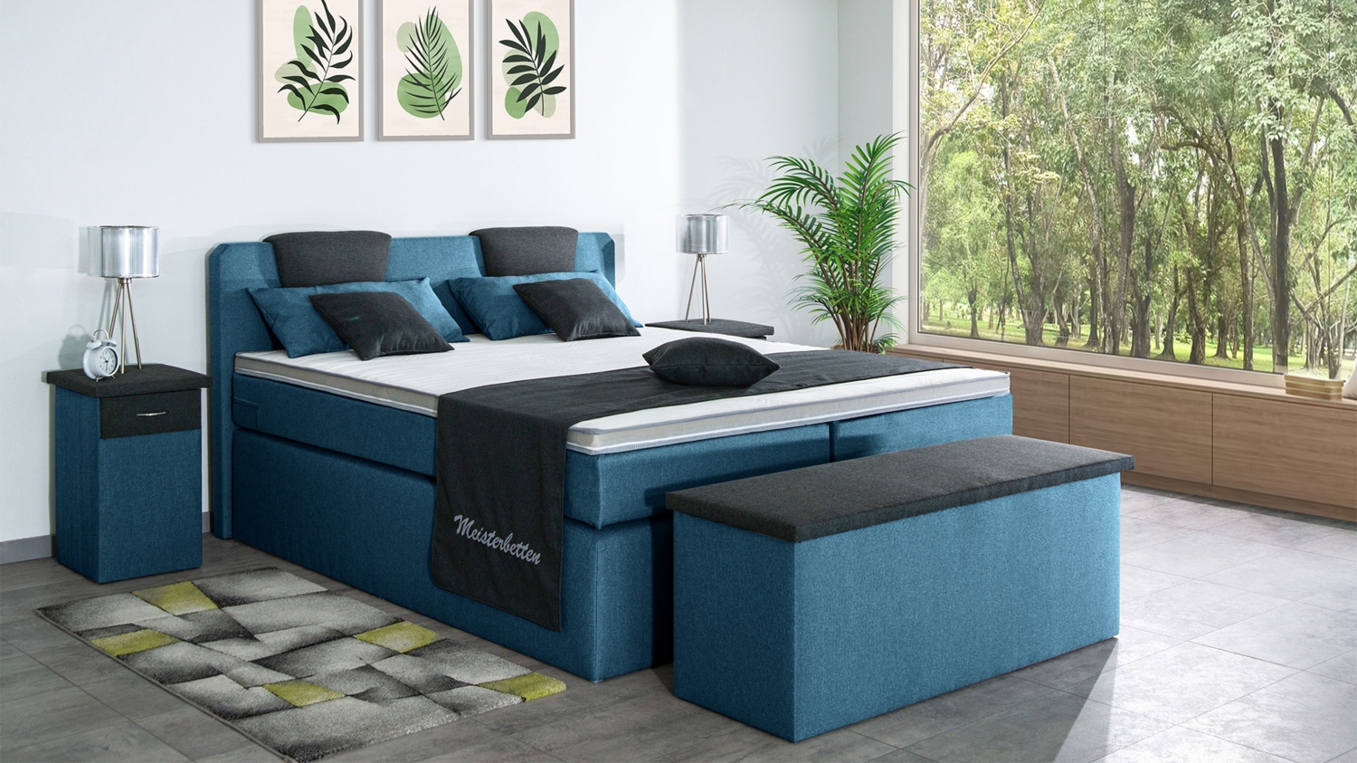 Meisterbetten Boxspringbett Iris 180x220 in WT-Blau in WT-Dunkel Grau, Matratzenbezug Nano, Komfortschaum-Topper Bild 1