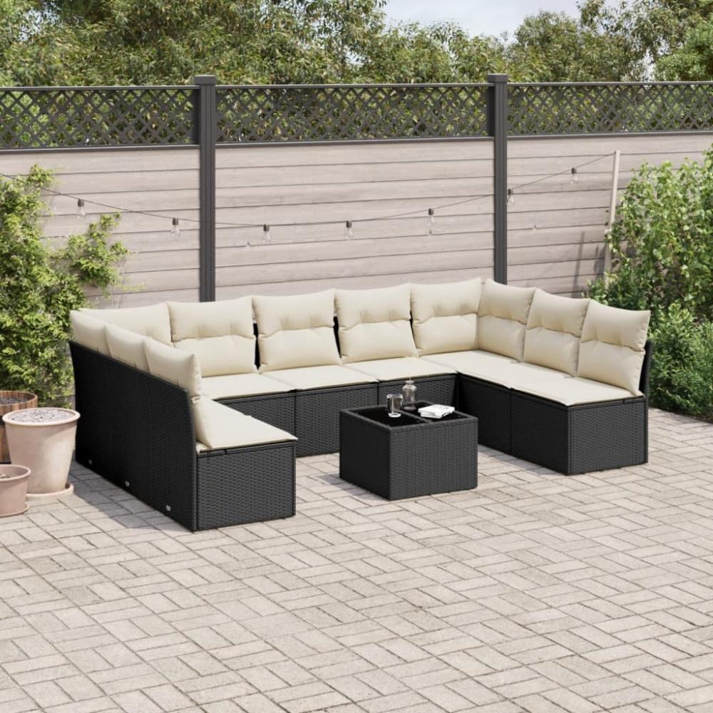 vidaXL 10-tlg. Garten-Sofagarnitur mit Kissen Schwarz Poly Rattan 3218076 Bild 1