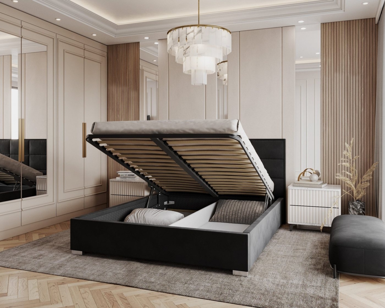 thematys Polsterbett Stauraumbett Velours 120x200, 140x200, 160x200, 180x200cm Bett (MADE IN EU - mit hochwertigem Velours Bezug, Bettrahmen, Bett, Optional mit Matratze bestellbar, mit großen gepolsterten Kopfteil), Mettelrahmen mit hydraulischer Klap... Bild 1