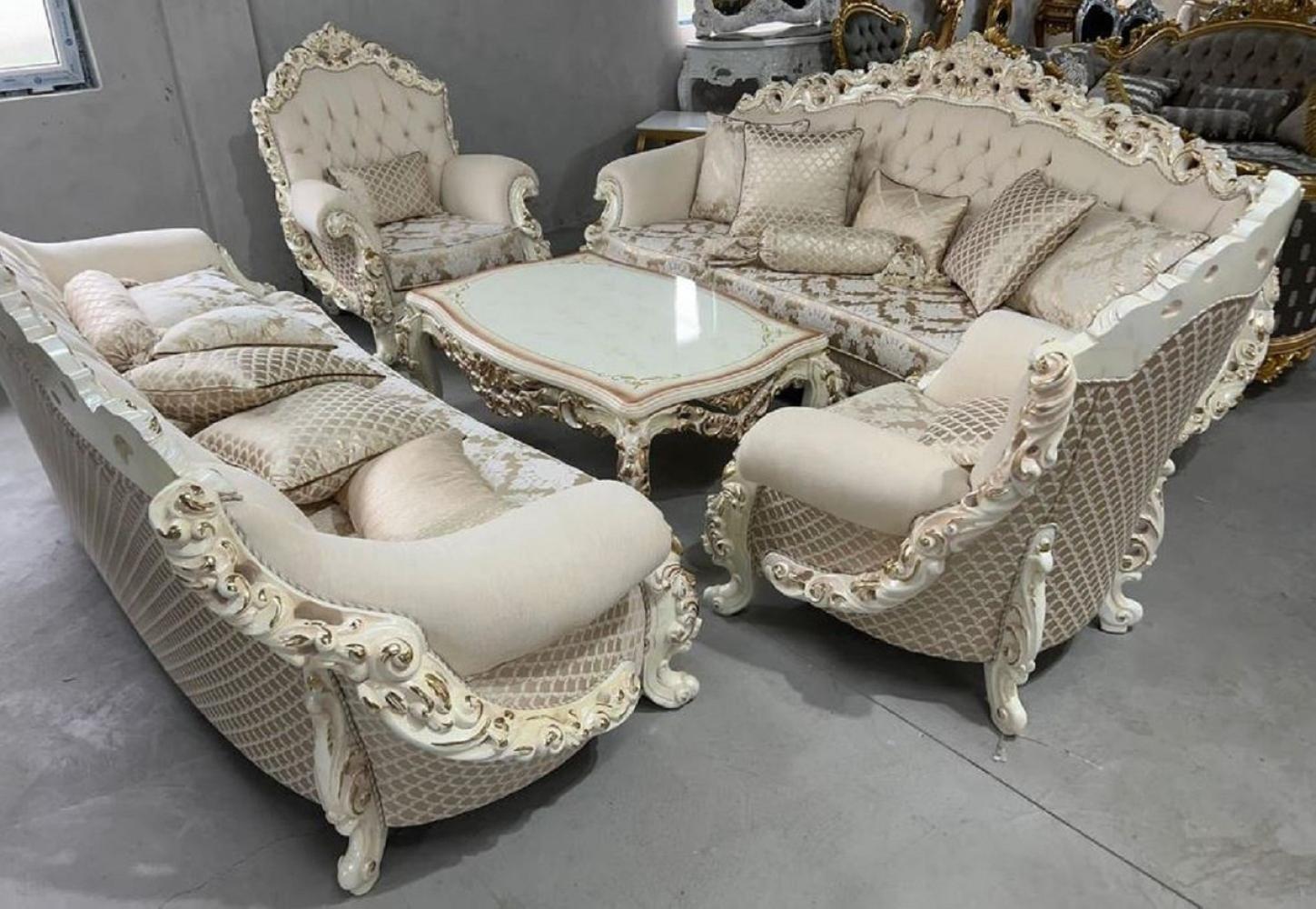 Casa Padrino Luxus Barock Wohnzimmer Set Creme / Weiß / Gold - 2 Barock Sofas & 2 Barock Sessel & 1 Barock Couchtisch - Luxus Wohnzimmer Möbel im Barockstil - Barock Möbel - Edel & Prunkvoll Bild 1