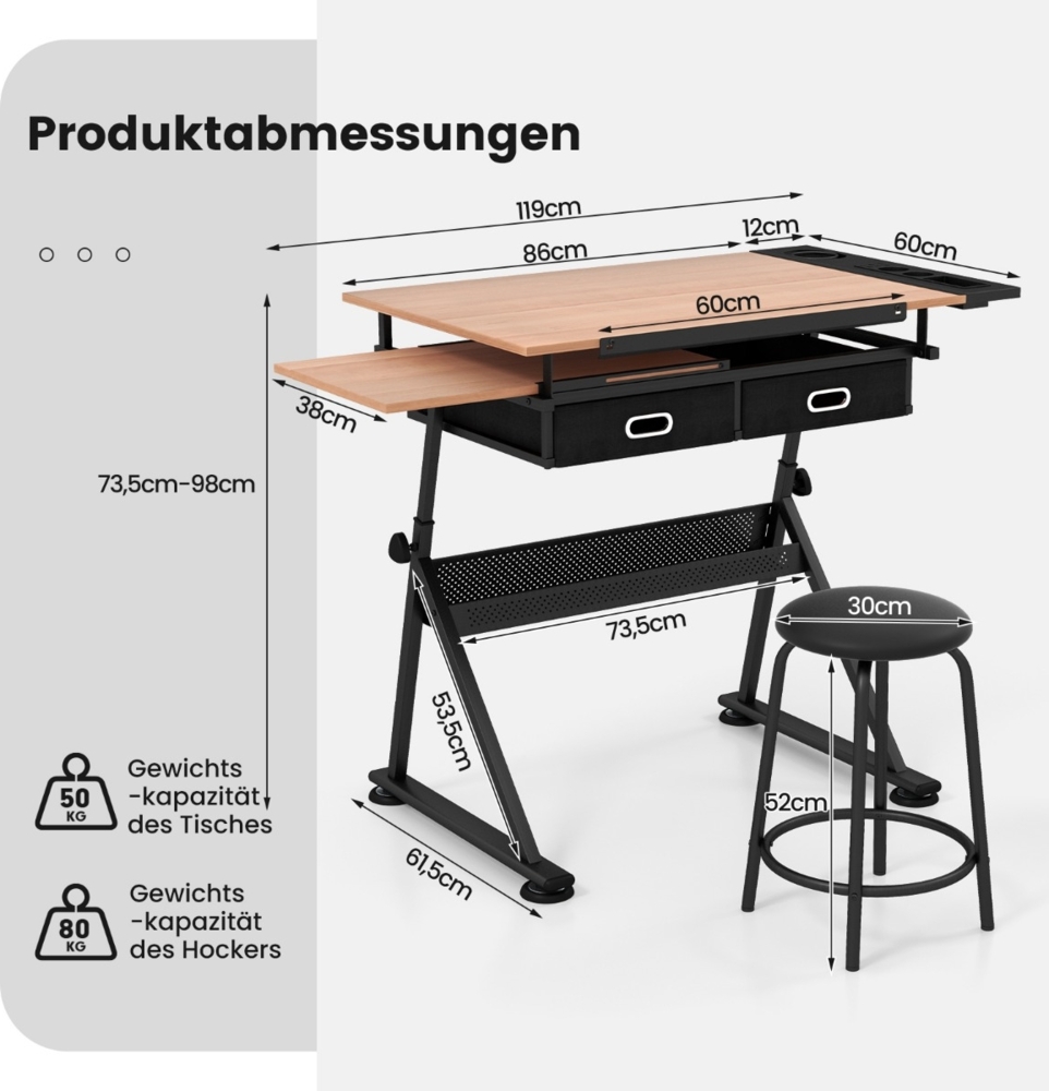 Schreibtisch Zeichentisch Architektentisch Maltisch neigbar + Schubladen/Hocker Bild 1