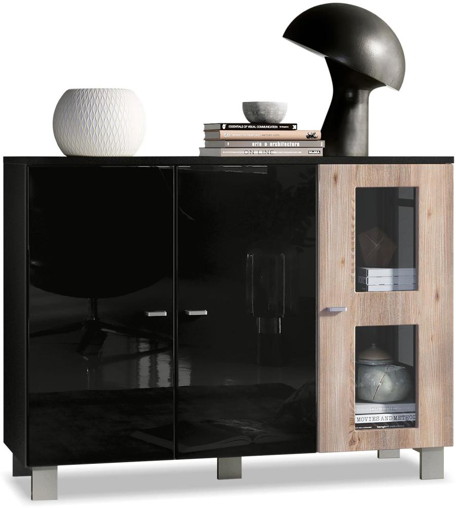 Vladon Sideboard Denjo, Kommode mit 3 Türen, Schwarz matt/Schwarz Hochglanz/Eiche Nordic (107 x 81 x 35 cm) Bild 1